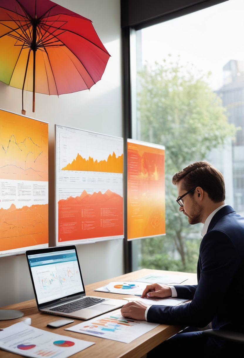 A split image depicting two contrasting scenes: on the left, a confident professional reviewing risk assessments with charts and data, and on the right, a caring figure embracing a loved one with symbols of protection like umbrellas and shields around them. A smooth gradient blending the two sides, reflecting a journey from risk management to emotional safety. super-realistic. warm colors. dynamic composition.