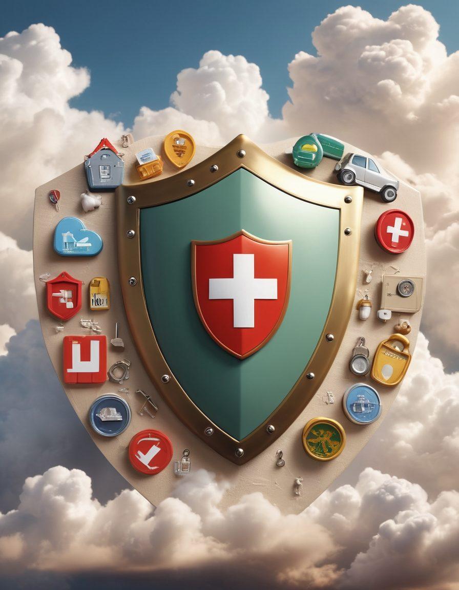 A shield encompassing various safety icons like a helmet, first aid kit, and lock, surrounded by soft clouds to symbolize protection. Include a person calmly reading a safety guide, displaying a comforting environment with warm colors. The background should have subtle illustrations of family, travel, and home to represent comprehensive coverage. super-realistic. warm colors. soft focus.